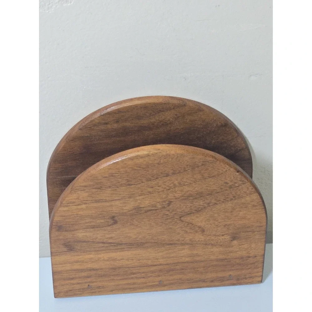 VTG Mid Century Wooden Napkin Holder Arch Teak Acacia Wood Letter Organizer MCM